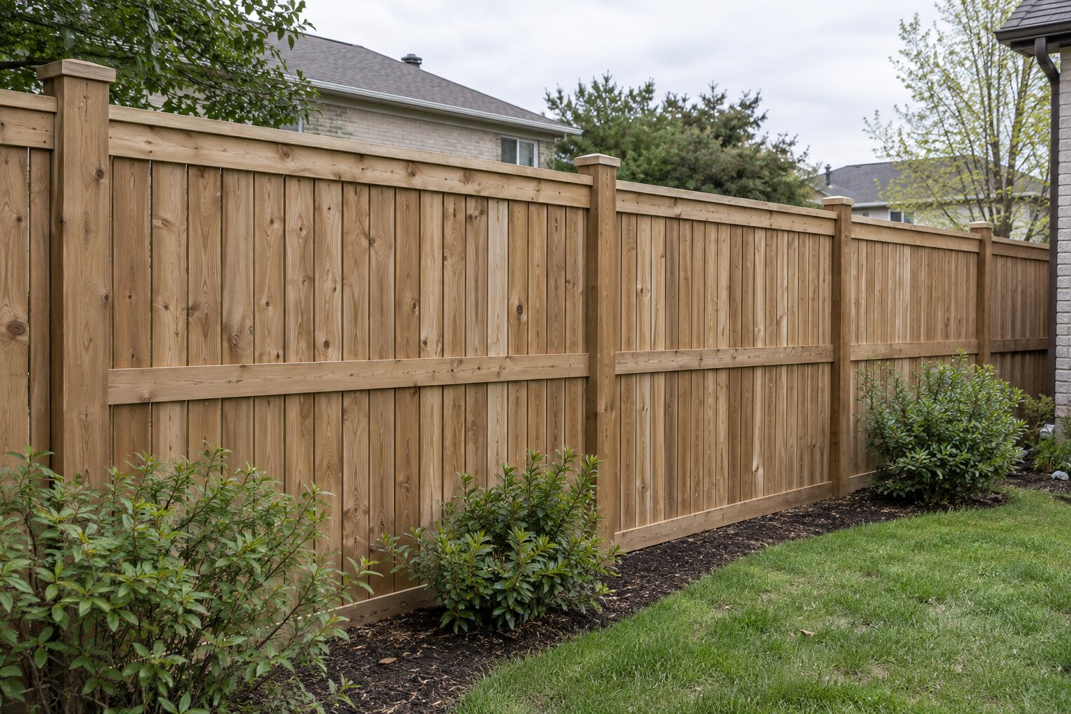 Illustrative cedar privacy fence beside a residential lawn