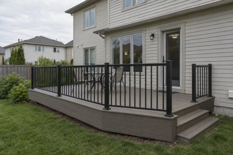Illustrative composite deck with black metal railings