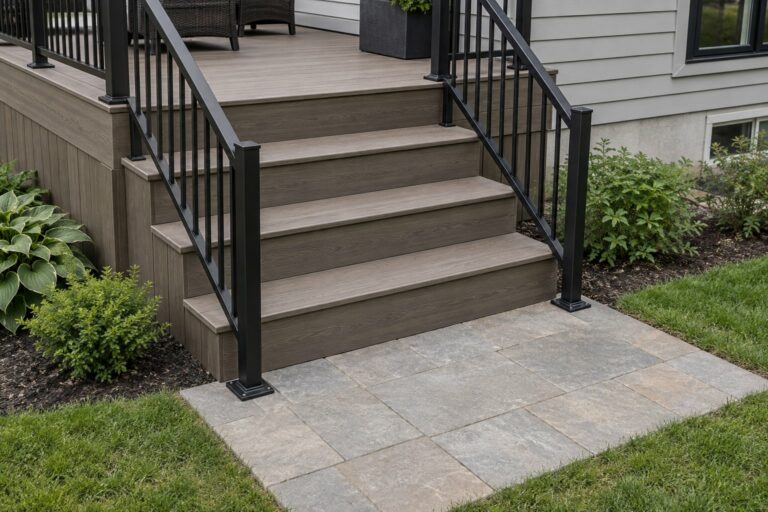 Illustrative deck stairs leading to a paver landing