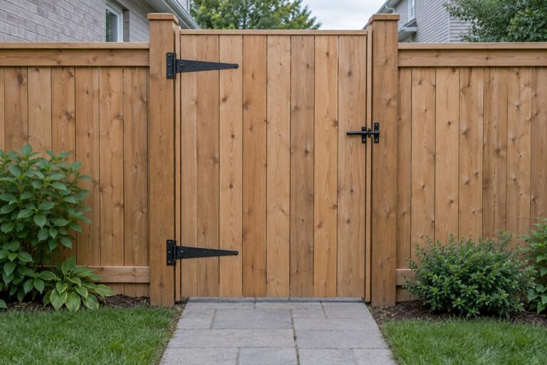 Illustrative cedar fence gate with black hinges and latch