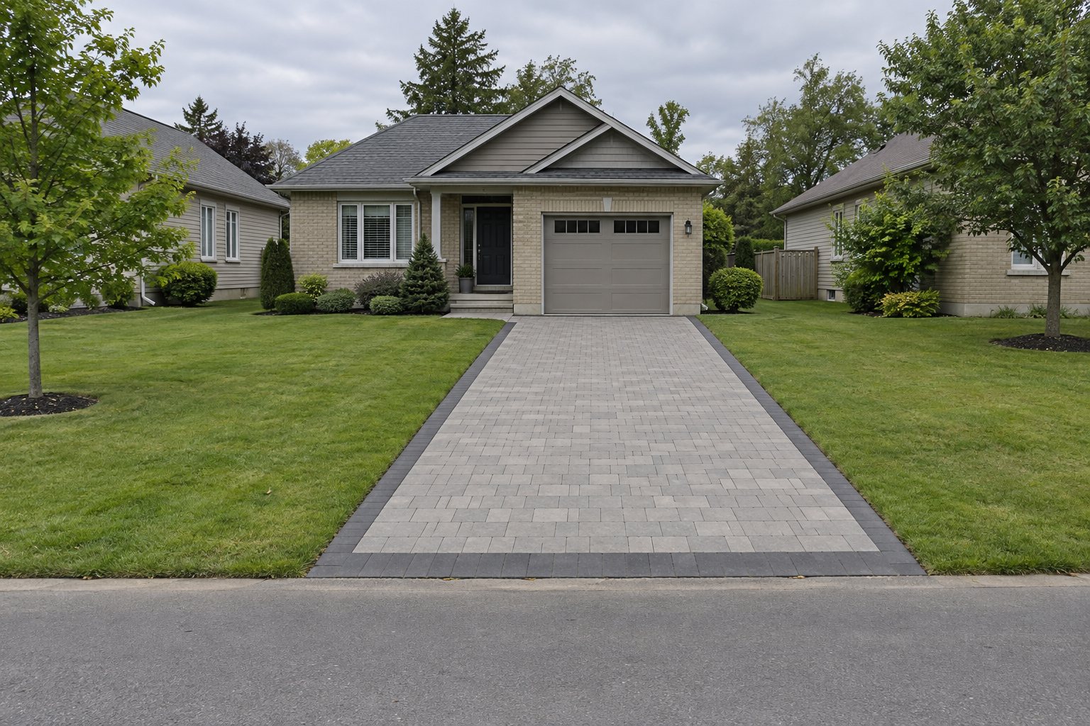AI generated illustration of an interlock driveway beside a suburban brick home