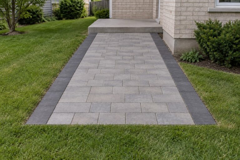 AI generated illustration of a grey paver walkway with a charcoal border course
