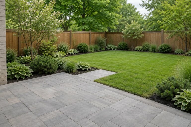 Backyard layout concept with a paved patio, open lawn and planted borders along a fence