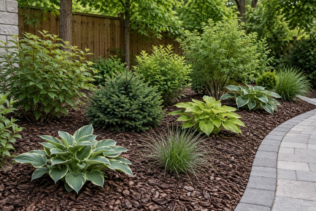 Front yard planting concept with shrubs, hostas and grasses in a mulched bed beside a paver path