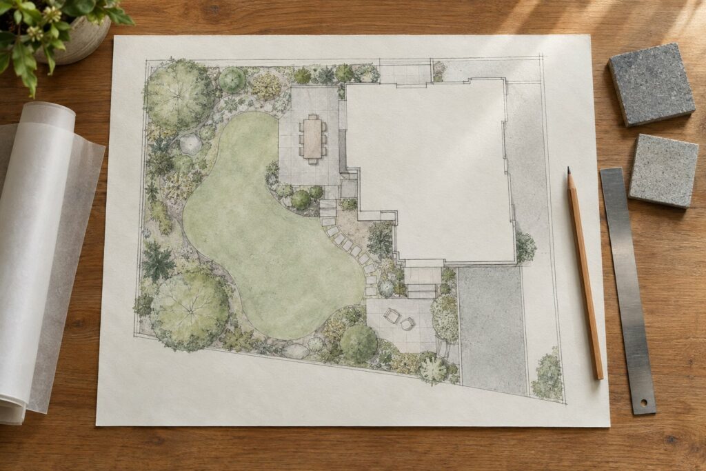 Landscape concept drawing with lawn, planting beds and patio areas on a table