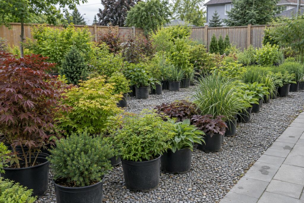 Plant selection concept with shrubs, leafy perennials and grasses in nursery pots