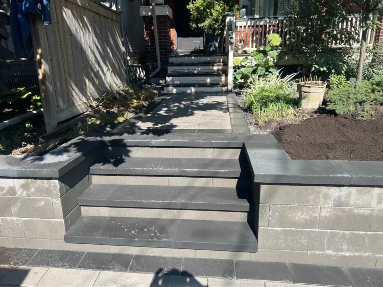 Paver steps between a block retaining wall and a planted bed, seen from below