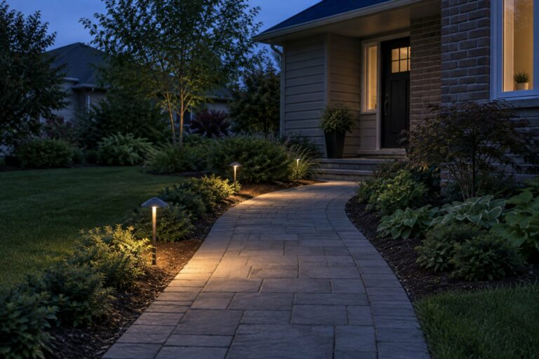Low path lights casting warm pools along a suburban walkway at blue dusk, illustrative