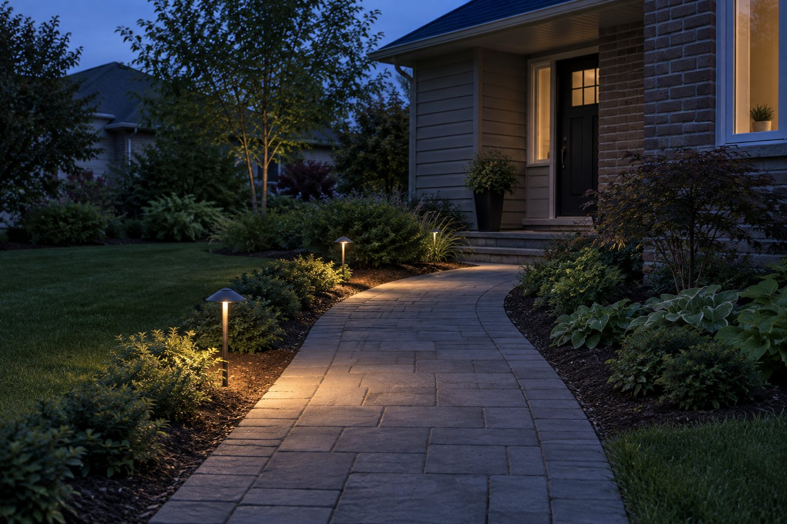 Low path lights casting warm pools along a suburban walkway at blue dusk, illustrative
