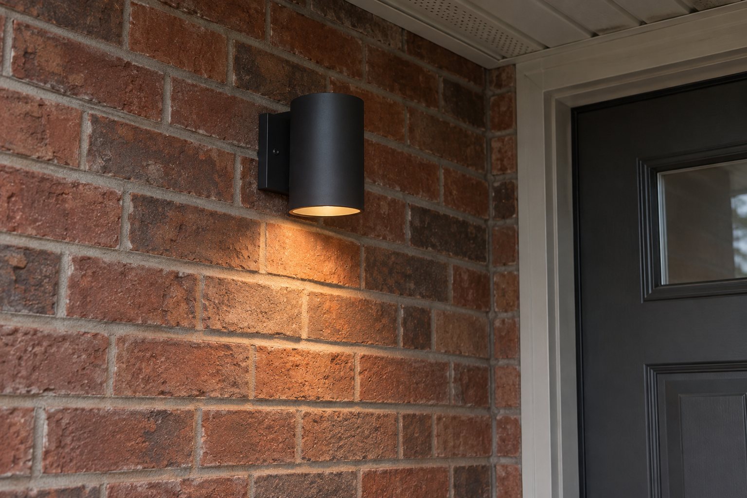 Close-up of a shielded entrance downlight casting warm light onto brick, illustrative