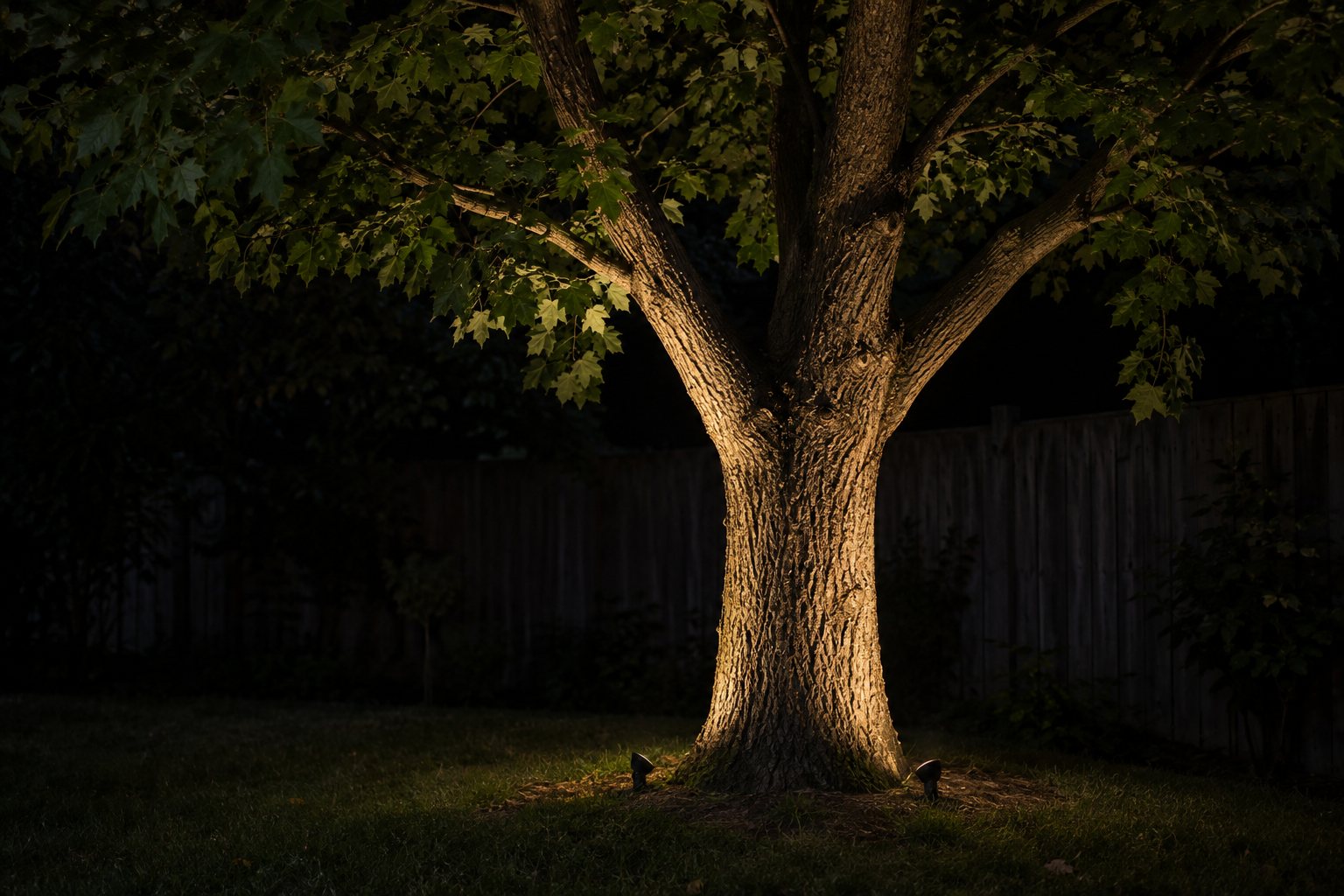 Warm uplights revealing a tree trunk and lower branches against a dark garden, illustrative