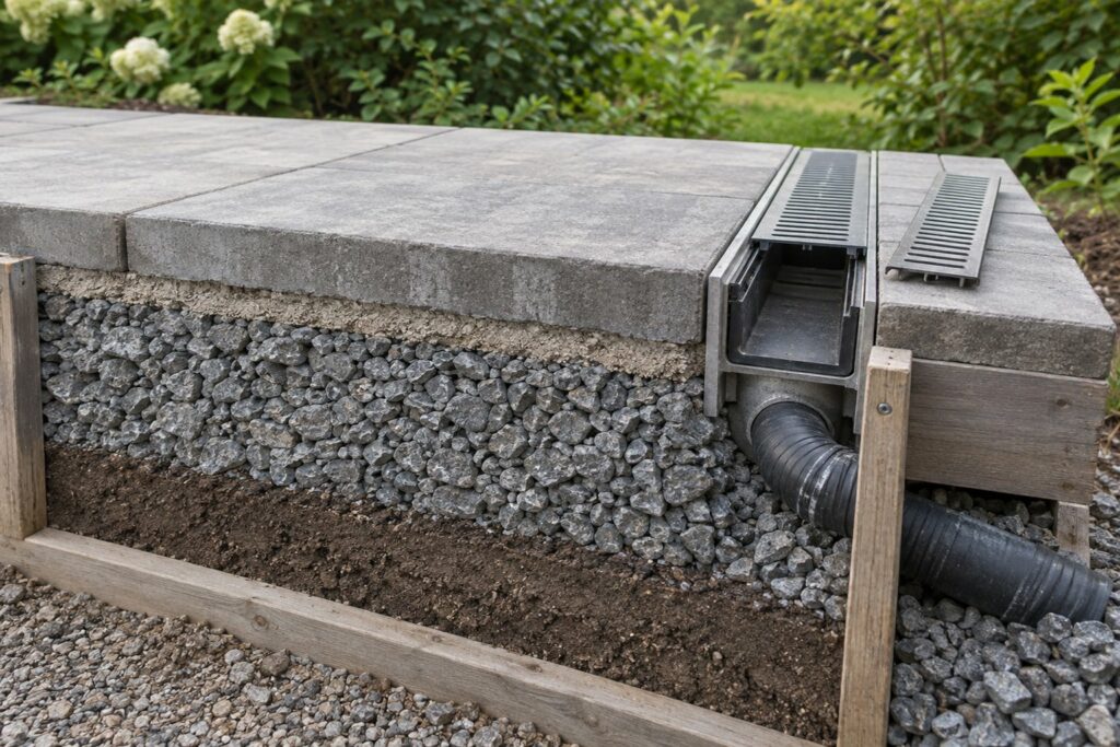 Concept study of a patio base build-up with bedding layer, crushed stone base and a linear drain