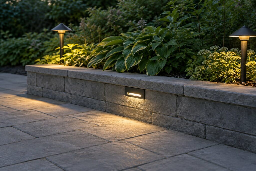 Concept study of shielded path lights and a recessed masonry light on paving at dusk