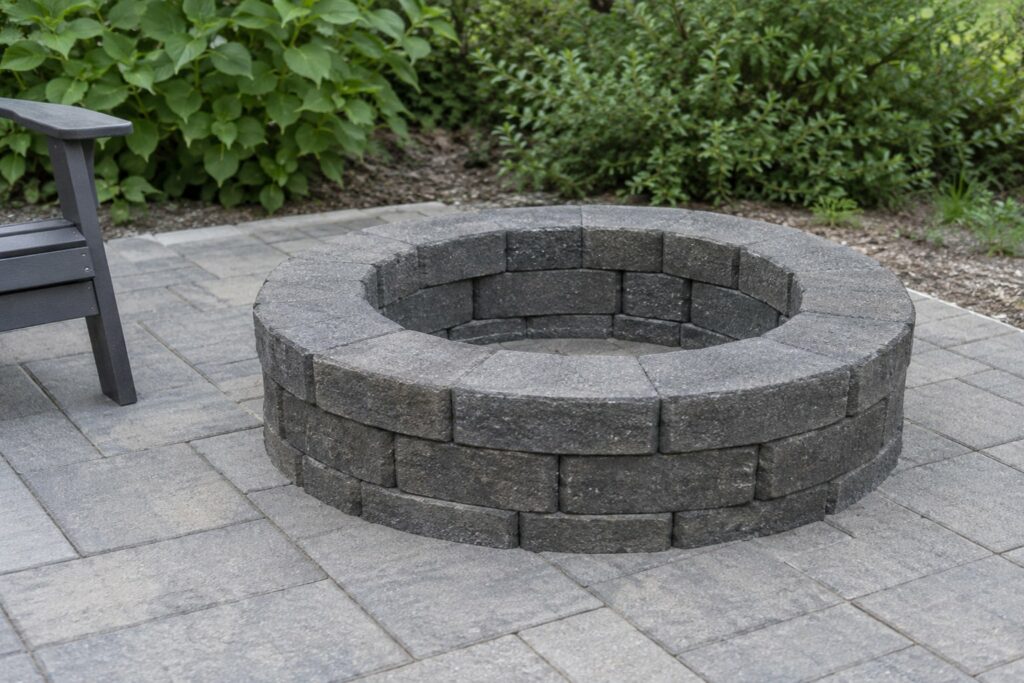 Concept study of a charcoal masonry fire pit ring meeting grey interlock paving