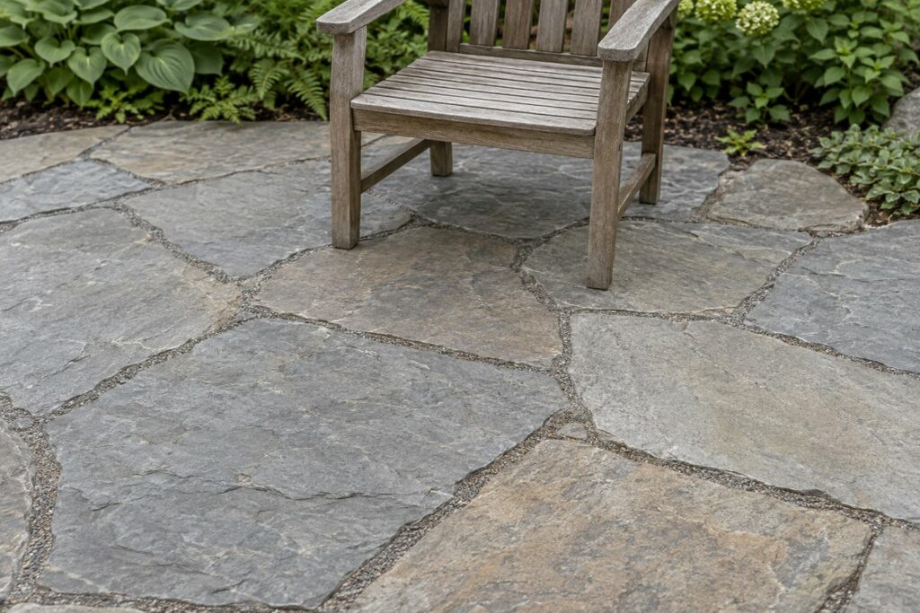 Concept study of irregular grey and taupe flagstone with jointed mineral fill