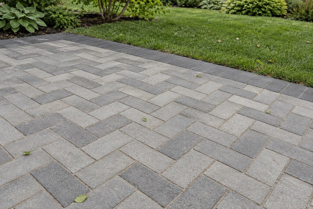 Concept close-up of mixed-size grey concrete pavers meeting a charcoal border course