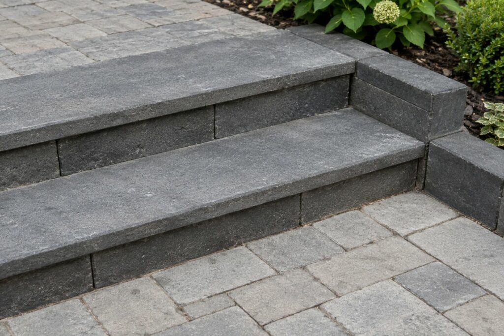 Concept study of two dark masonry step risers meeting light paving and a charcoal border