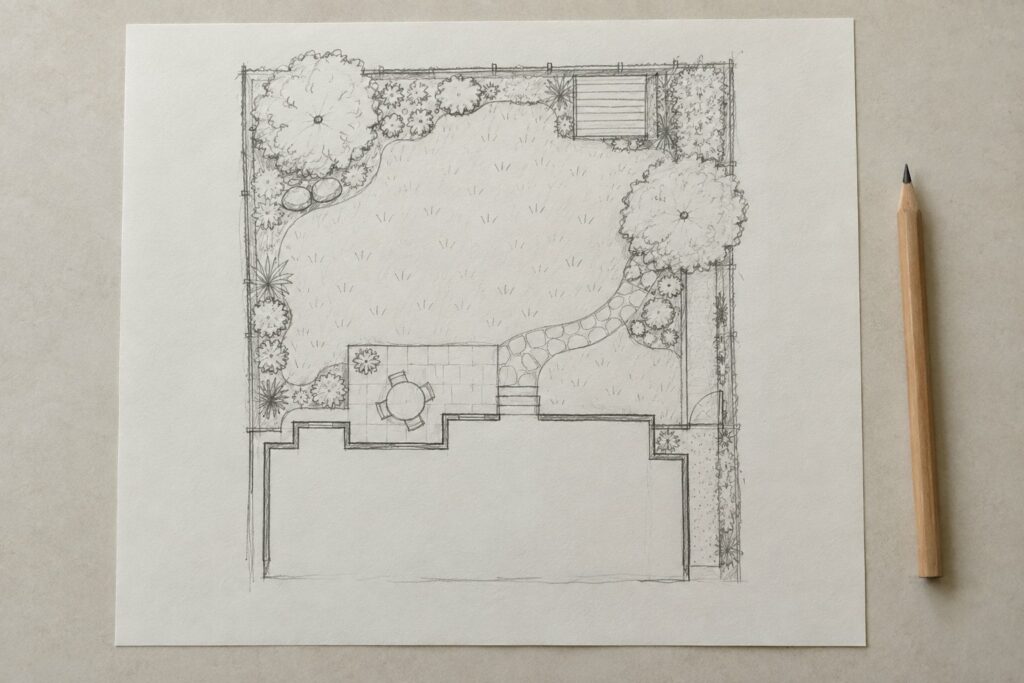 Pencil sketch of a backyard layout on paper.