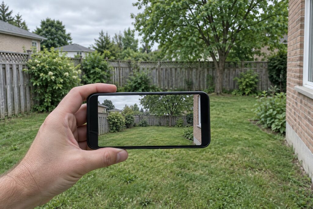 Hand holding a phone to photograph a residential backyard.