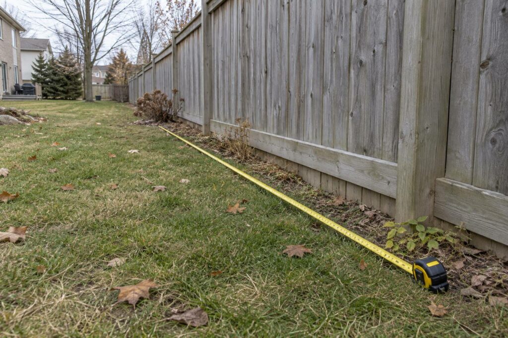 AI generated illustration of a tape measure along a lawn edge beside a wood fence in late autumn