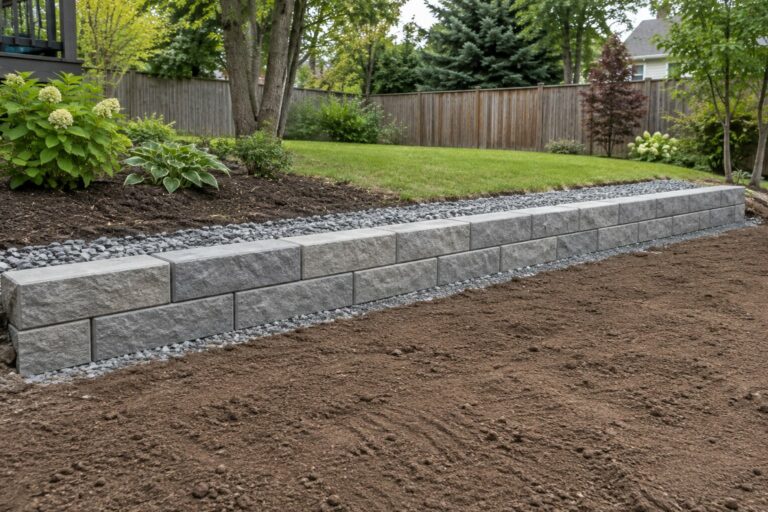 AI generated concept of a low block wall with exposed gravel behind it and bare soil in front