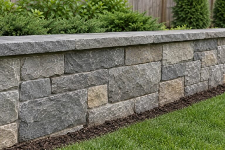 AI generated concept of a retaining wall with a natural stone face and flat coping
