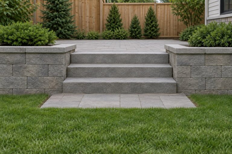 AI generated concept of a low retaining wall with three broad garden steps