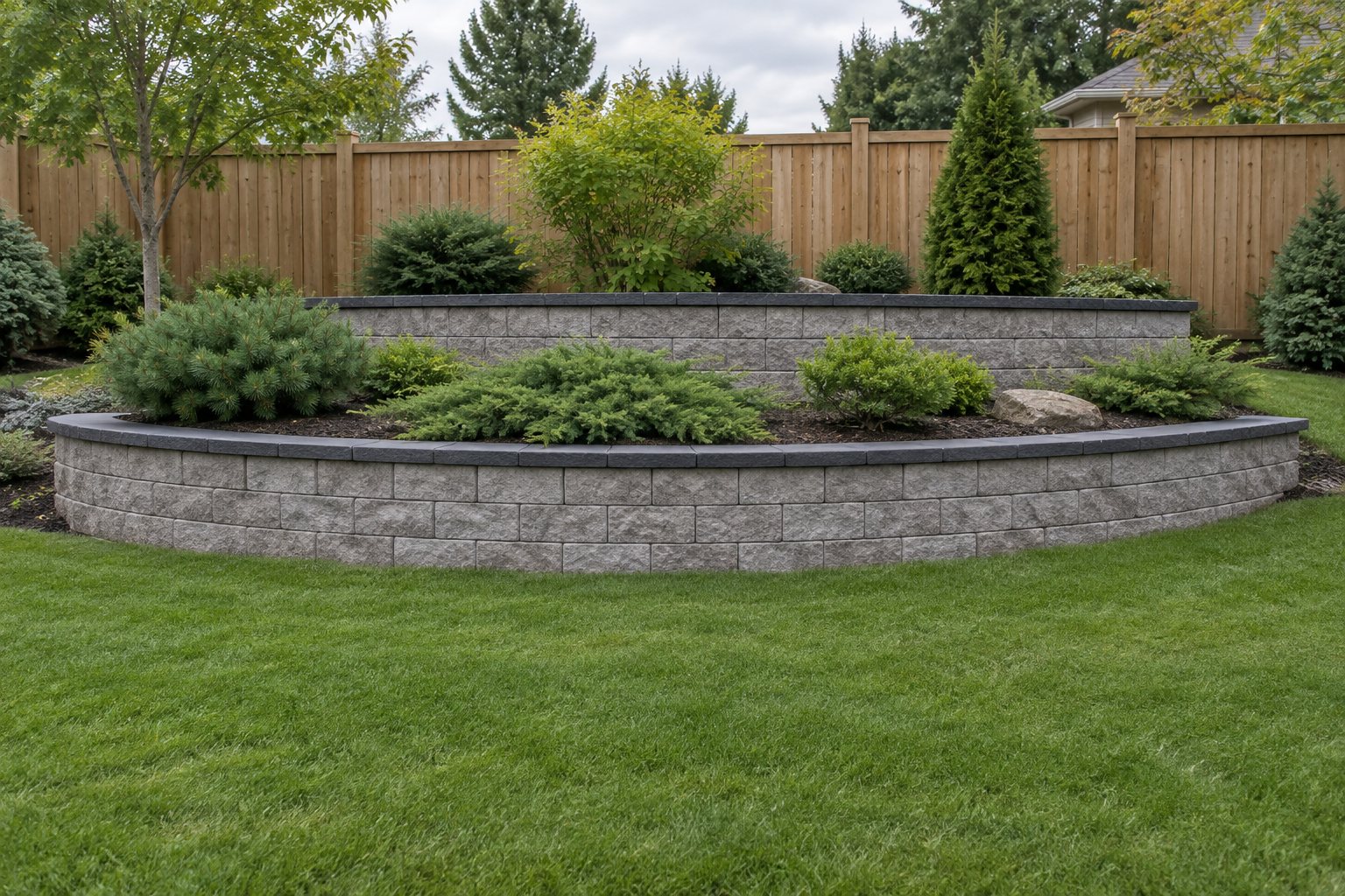 AI generated concept of a two tier residential retaining wall with planted terraces
