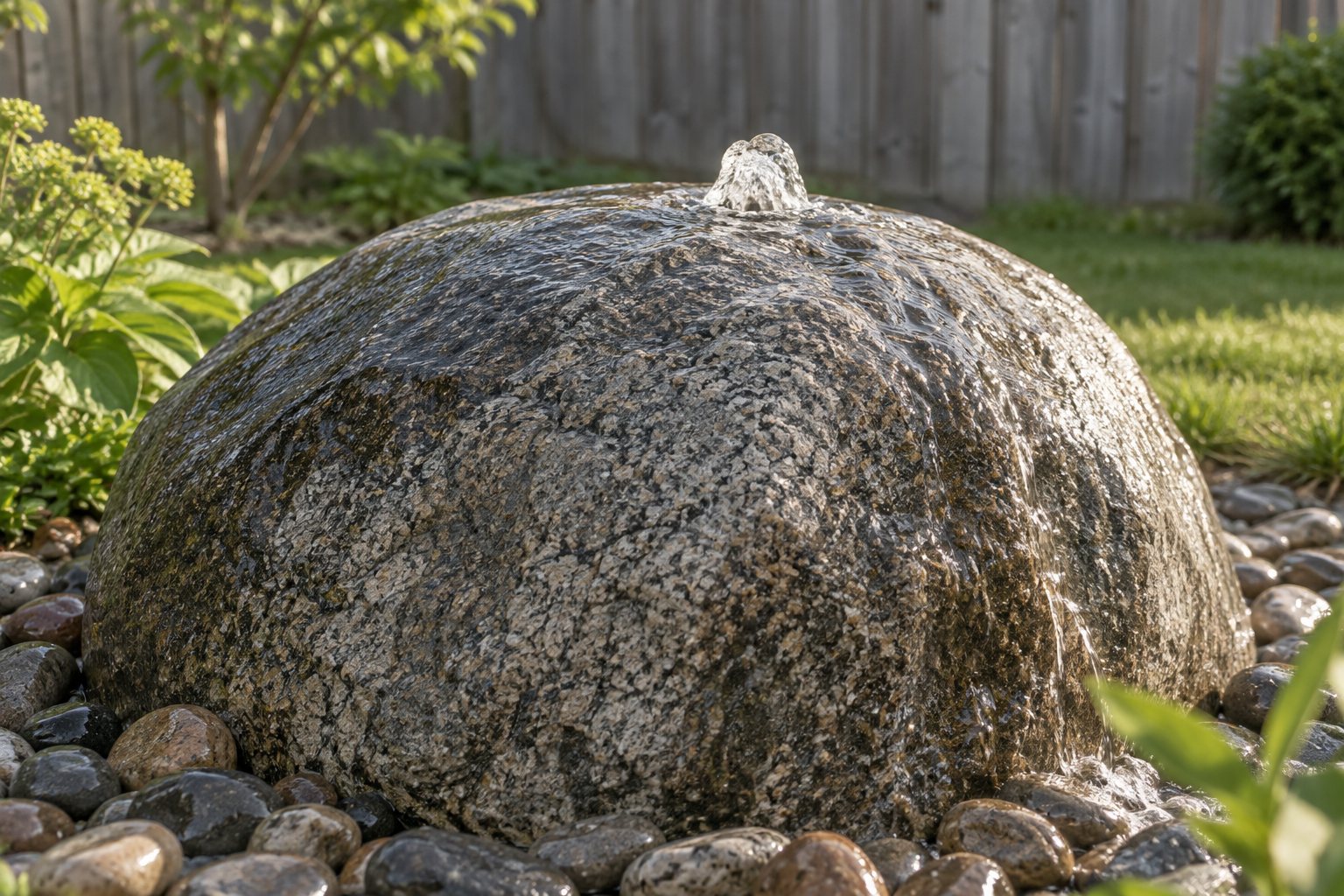 Water bubbling from a drilled granite boulder into a cobble bed, illustrative