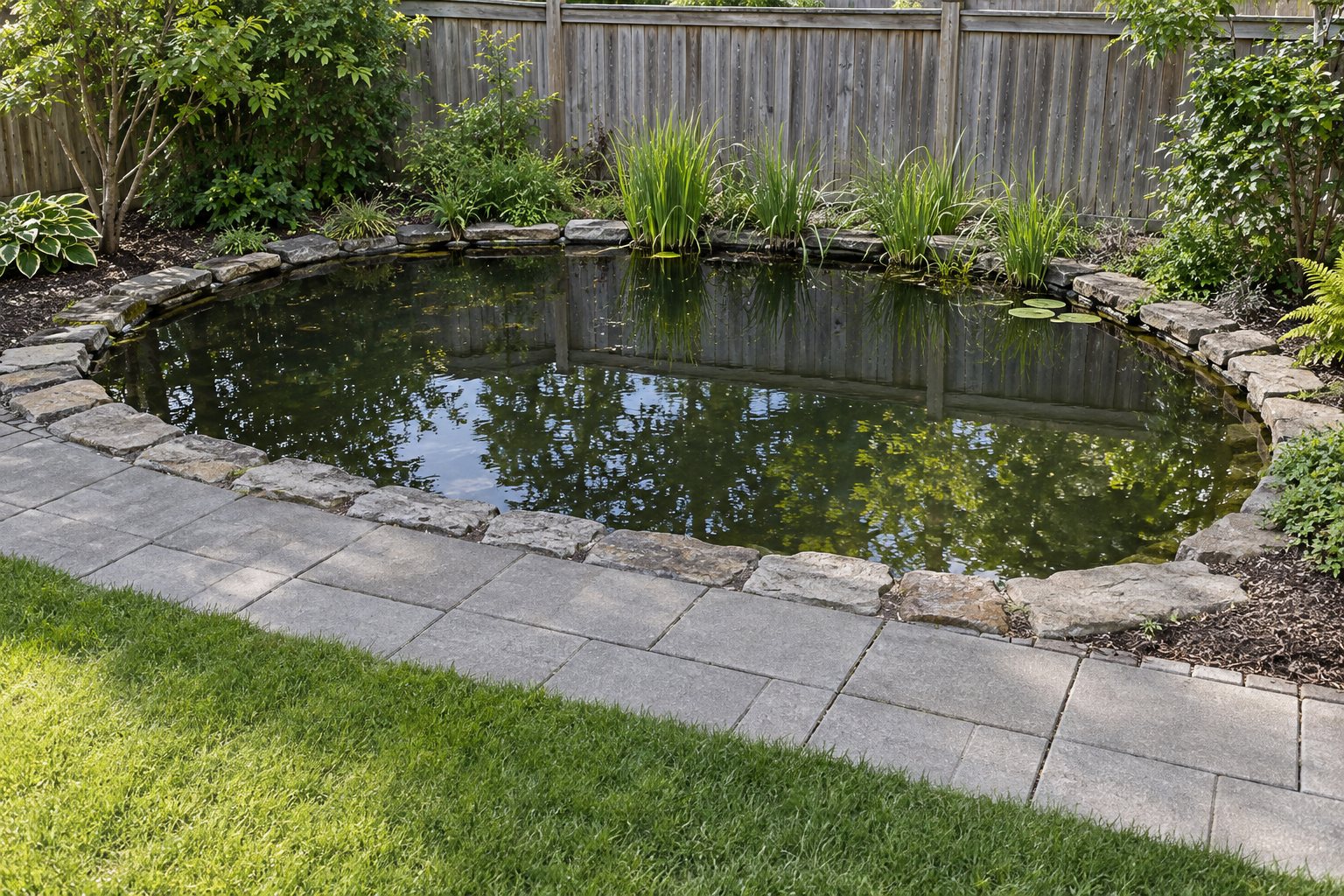 Small planted garden pond with a clear paved strip beside its stone edge, illustrative