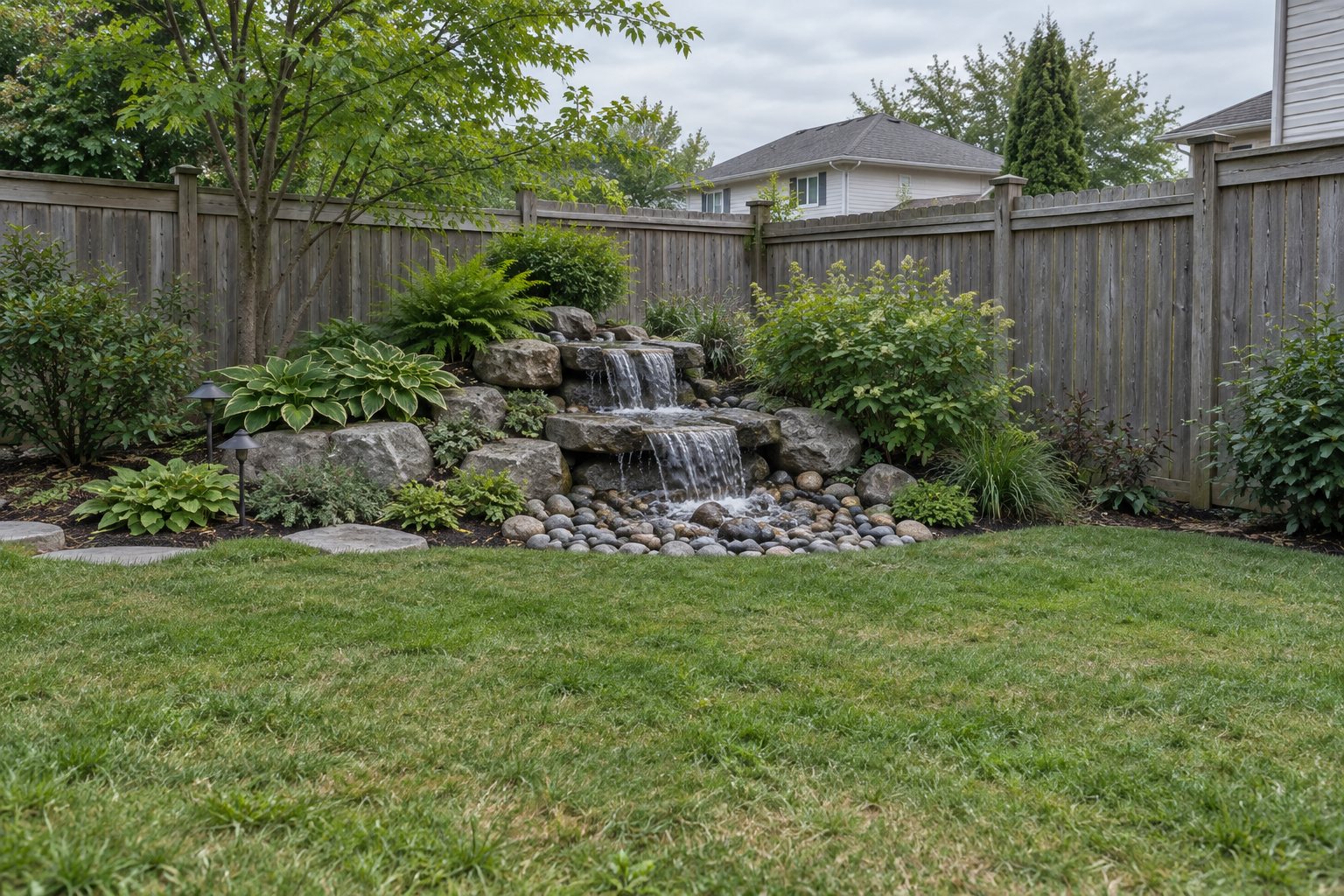 Stone waterfall spilling into a pebble bed above a hidden basin, illustrative