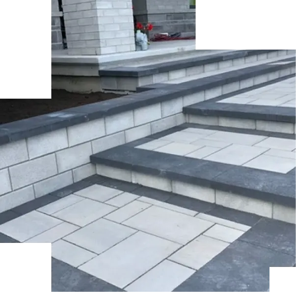 Light paving slabs framed by dark border courses forming steps up to a house entrance
