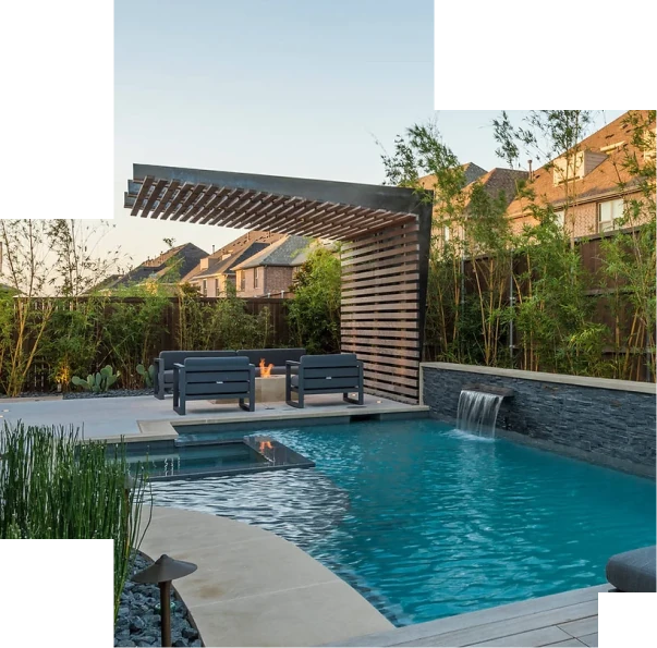 Backyard pool with a stone-faced waterfall wall and a pergola-covered seating area